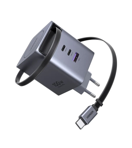 מטען קיר מהיר UGREEN 100W GaN עם כבל נשלף ו-3 יציאות