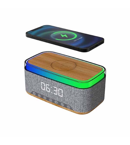 טען אלחוטי מהיר 15W משולב עם רדיו/רמקול Bluetooth 10W ושעון דיגיטלי