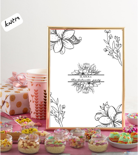 שלט שולחני דגם פרחים שחור לבן