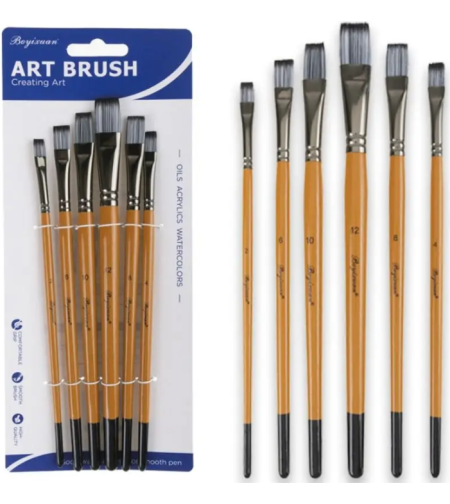 סט 6 מכחולים שטוחים מקצועי ידית עץ מסדרת ART BRUSH