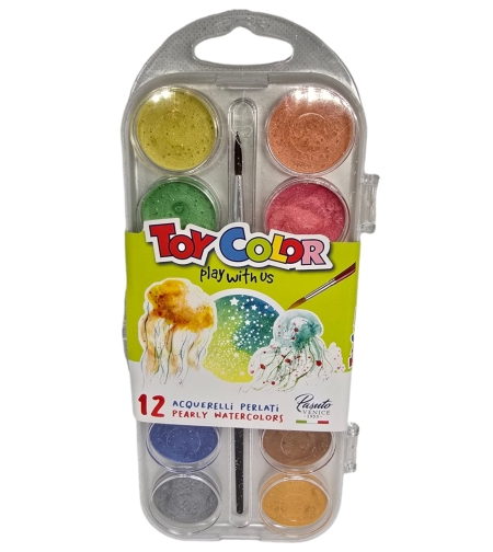 ערכת צבעי מים פנינתיים 12 גוונים עם מברשת TOY COLOR