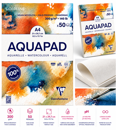 בלוק נייר אקוורל 300 גרם Goldline AQUAPAD - A4