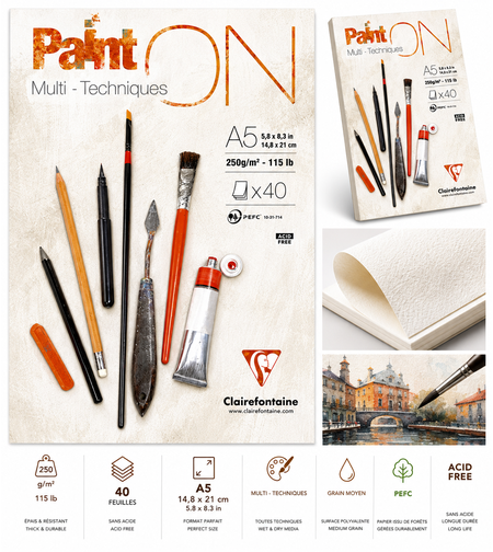 בלוק נייר רב-טכניקות 250 גרם Clairefontaine Paint ON A5