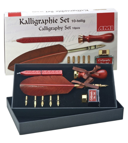 ערכת קליגרפיה עם עט נוצה ודיו – 10 חלקים בעיצוב קלאסי
