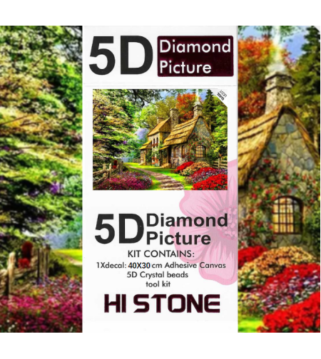 ערכת תמונת יהלומים 5D HI STONE - בית כפרי וגינה פורחת - 30x40 ס