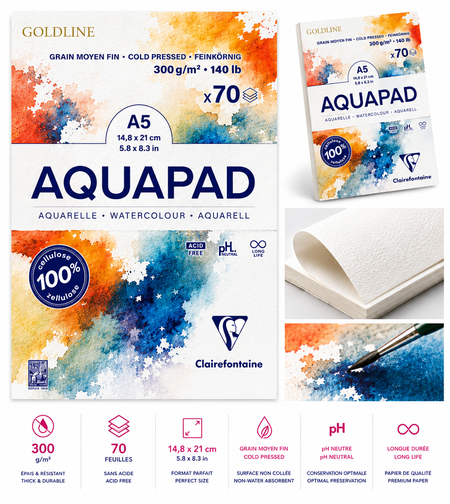 בלוק נייר אקוורל 300 גרם Goldline AQUAPAD A5