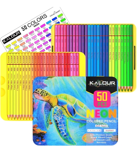סט עפרונות צבעוניים ניאון 50 צבעים זוהרים באיכות פרימיום KALOUR