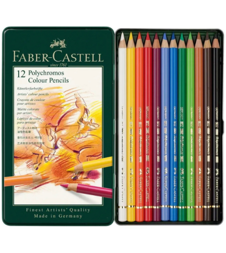 סט עפרונות צבע על בסיס שמן קופסת פח – 12 עפרונות Faber-Castell Polychromos