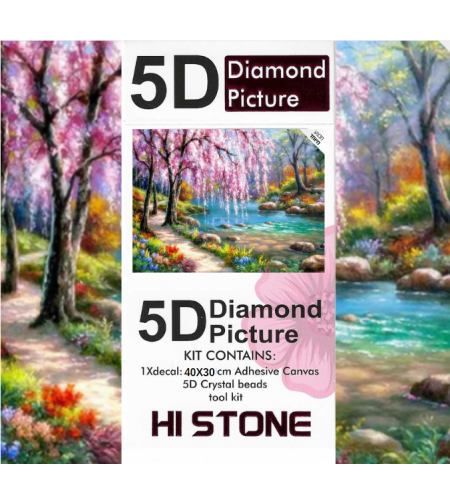 ערכת תמונת יהלומים 5D HI STONE - נחל ציורי ופריחה באביב- 30x40 ס