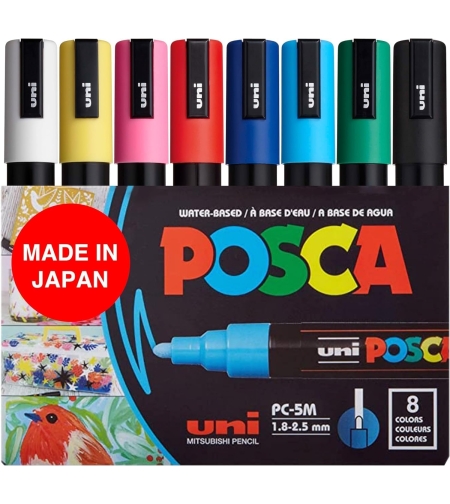 סט 8 טושים אקריליים צבעים בסיסיים - Posca PC-5M