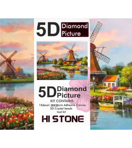 ערכת תמונת יהלומים 5D HI STONE - טחנות רוח ונוף הולנדי - 30x30 ס