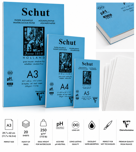 בלוק נייר אקוורל Schut Holland 250 גרם – A3 / A4 / A5