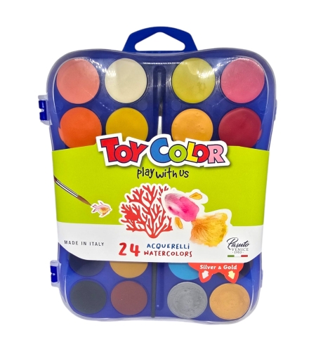 ערכת צבעי מים 24 גוונים עם מברשת, כולל כסף וזהב-TOY COLOR
