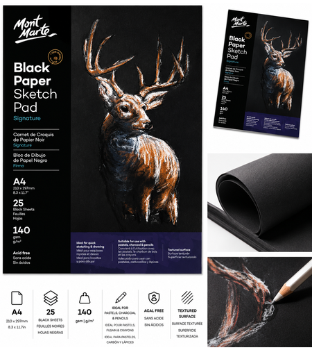 בלוק נייר סקיצה שחור 140 גרם 25 דפים Mont Marte Black Paper Sketch Pad Signature A4