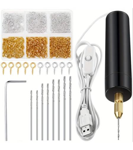 מקדח מיני USB עם סט 400 עיניות הברגה לתכשיטים ויצירה