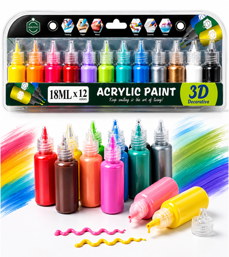 סט צבעי אקריליק תלת מימד 3D – 12 צבעים × 18 מ