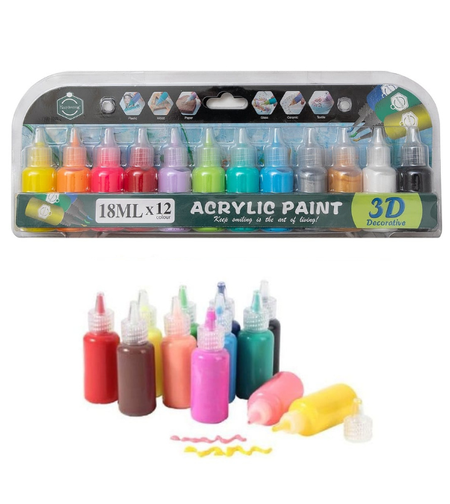 סט צבעי אקריליק תלת מימד 3D – 12 צבעים × 18 מ