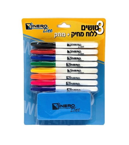 סט טושים צבעוניים ללוח מחיק עם מחק – 8 יחידות Viner Line