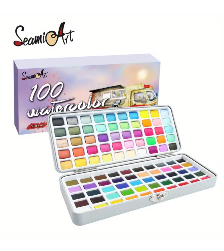 ערכת צבעי מים 100 צבעים במארז מתכת יוקרתי SeamiArt