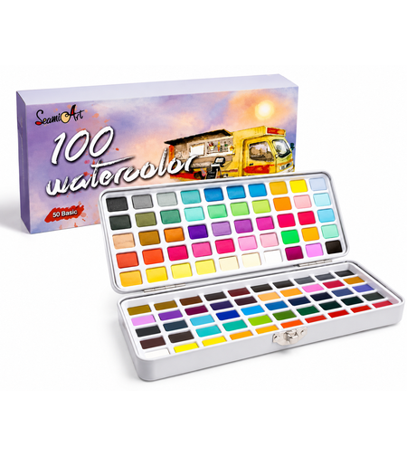 ערכת צבעי מים 100 צבעים במארז מתכת יוקרתי SeamiArt