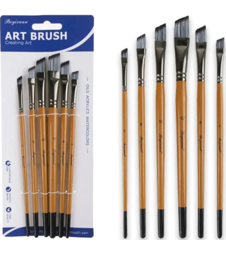 סט 6 מכחולים ראש קטום מקצועי ידית עץ  מסדרת ART BRUSH