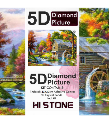 ערכת תמונת יהלומים 5D HI STONE - טחנת מים בסתיו - 30x40 ס
