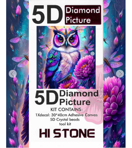 ערכת תמונת יהלומים 5D HI STONE - ינשוף צבעוני ופרחים - 30x40 ס