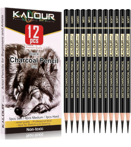 סט עפרונות פחם Kalour מקצועי לציור וסקיצה - 12 יחידות