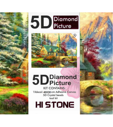 ערכת תמונת יהלומים 5D HI STONE - כנסייה כפרית לצד נחל- 30x40 ס