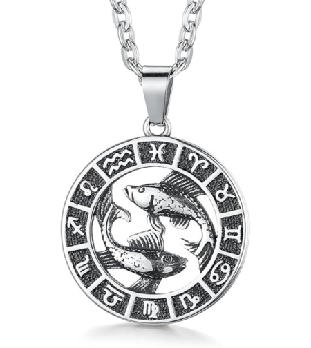 תליון מזל דגים – פלדת אל-חלד עם סמלי גלגל המזלות