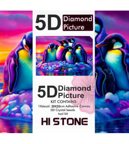 ערכת תמונת יהלומים 5D HI STONE - פינגווינים בשקיעה על קרחון - 30x20 ס