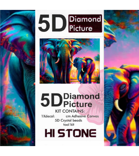 ערכת תמונת יהלומים 5D HI STONE - פילים צבעוניים בשקיעה - 30x20 ס