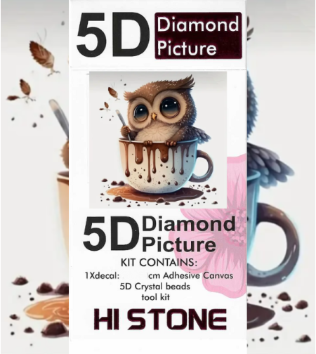 ערכת תמונת יהלומים 5D HI STONE - ינשוף בכוס שוקו - 20x20 ס