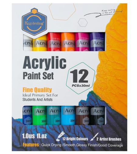 סט צבעי אקריליק איכותיים – 12 צבעים × 30 מ