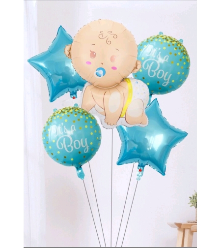 סט 5 בלונים מיוחדים בצורת תינוק וכוכב בצבע תכלת ביבי