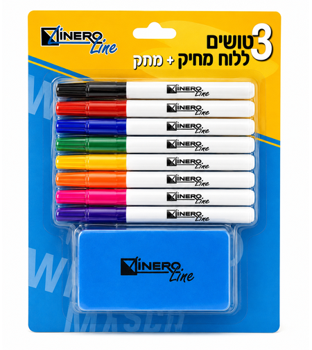 סט טושים צבעוניים ללוח מחיק עם מחק – 8 יחידות Viner Line