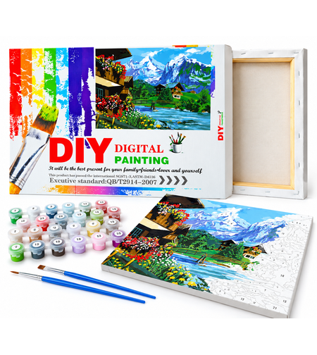 ערכת ציור לפי מספרים DIY - נוף כפרי בהרים | Digital Painting