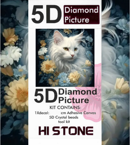 ערכת תמונת יהלומים 5D HI STONE -חתול לבן ופרחים - 20x20 ס