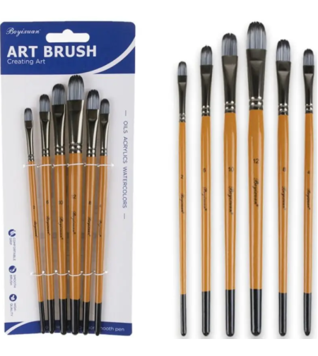 סט 6 מכחולים ראש פילברט מקצועי ידית עץ מסדרת ART BRUSH