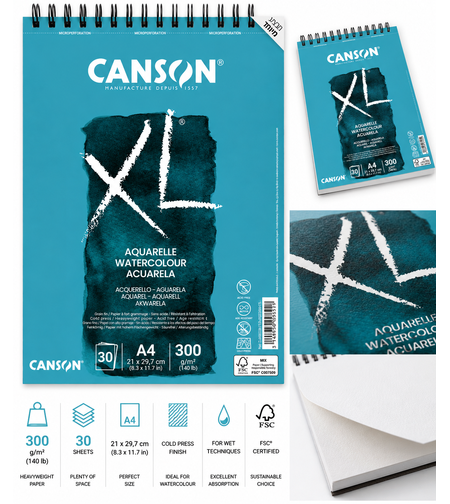 סקצ'בוק לצבעי מים 30 דפים נייר 300 גרם -Canson XL Aquarelle Watercolour A4