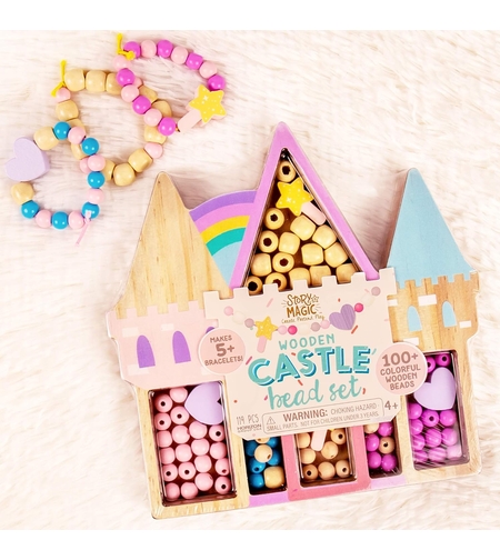חרוזי עץ - ערכת חרוזי עץ במארז עץ בצורת טירה קסומה