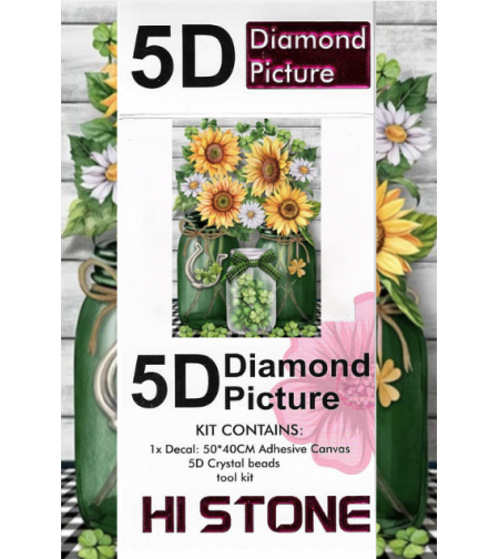 ערכת תמונת יהלומים 5D HI STONE - חמניות ודייזיות בצנצנות - 50x40 ס