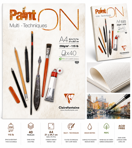 בלוק נייר רב-טכניקות 250 גרם Clairefontaine Paint ON A4