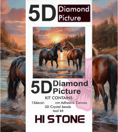 ערכת תמונת יהלומים 5D HI STONE - סוסים בנחל בשקיעה - 20x20 ס
