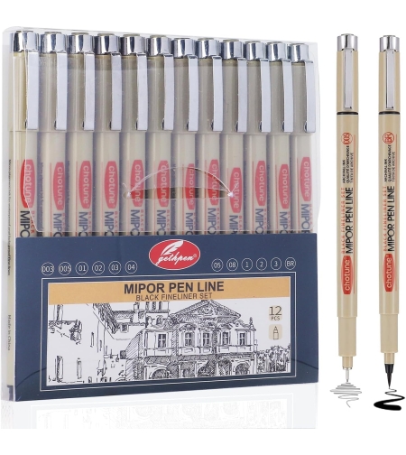 סט 12 עטי פיינליינר שחור Mipor Pen Line