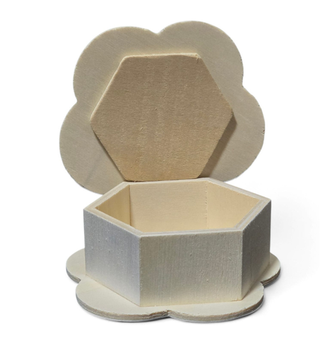 קופסת עץ משושה עם מכסה פרח – קופסת עץ ליצירה ועיצוב אישי DIY