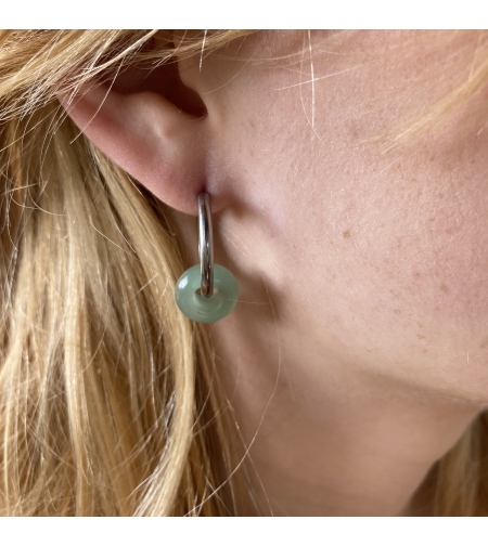 Silver plated hoop earrings with a stone bead - light green