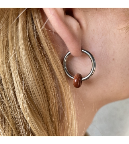 Silver plated hoop earrings with a stone bead - sparkling red