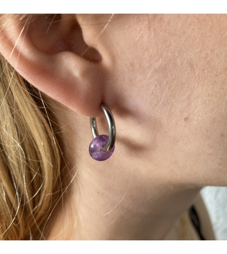 Silver plated hoop earrings with a stone bead - amethyst