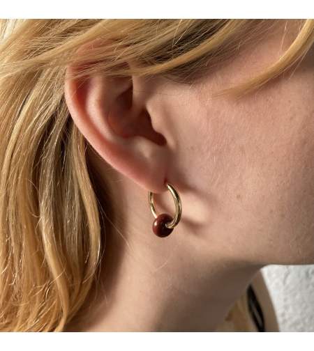 Gold plated hoop earrings with a stone bead - wine red